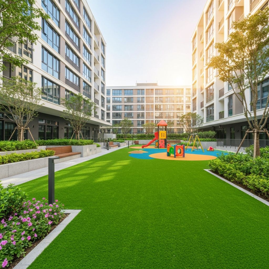 Condomínio moderno com grama sintética premium instalada